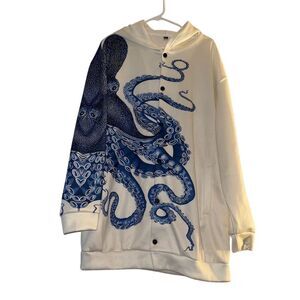 Men's 3XL White Hoodie Japanese Art Octopus Graphic button-up